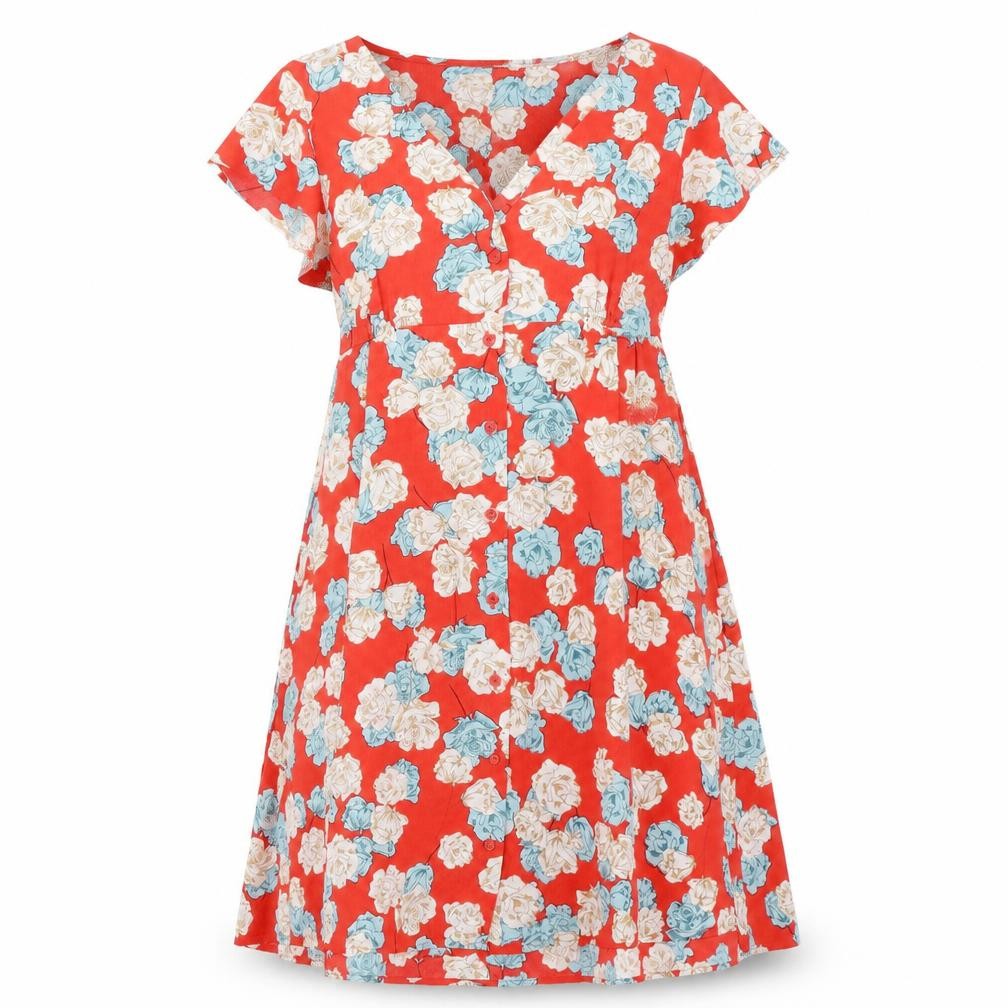 Sweewë Womens Orange Floral Polyester A-Line Size S V-Neck Button
