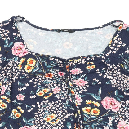 Close-up detail of Roman women’s multicoloured floral viscose basic blouse, size UK 12, sweetheart