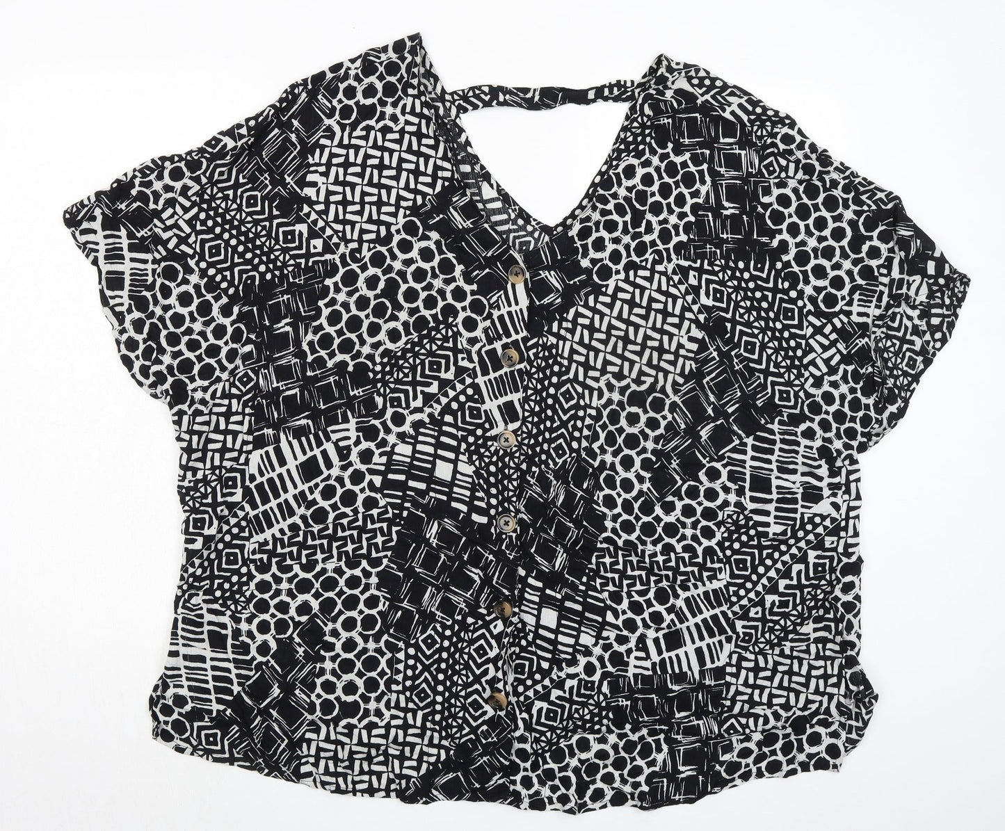 M&Co Womens Black Geometric Viscose Basic Blouse Size 24 V-Neck