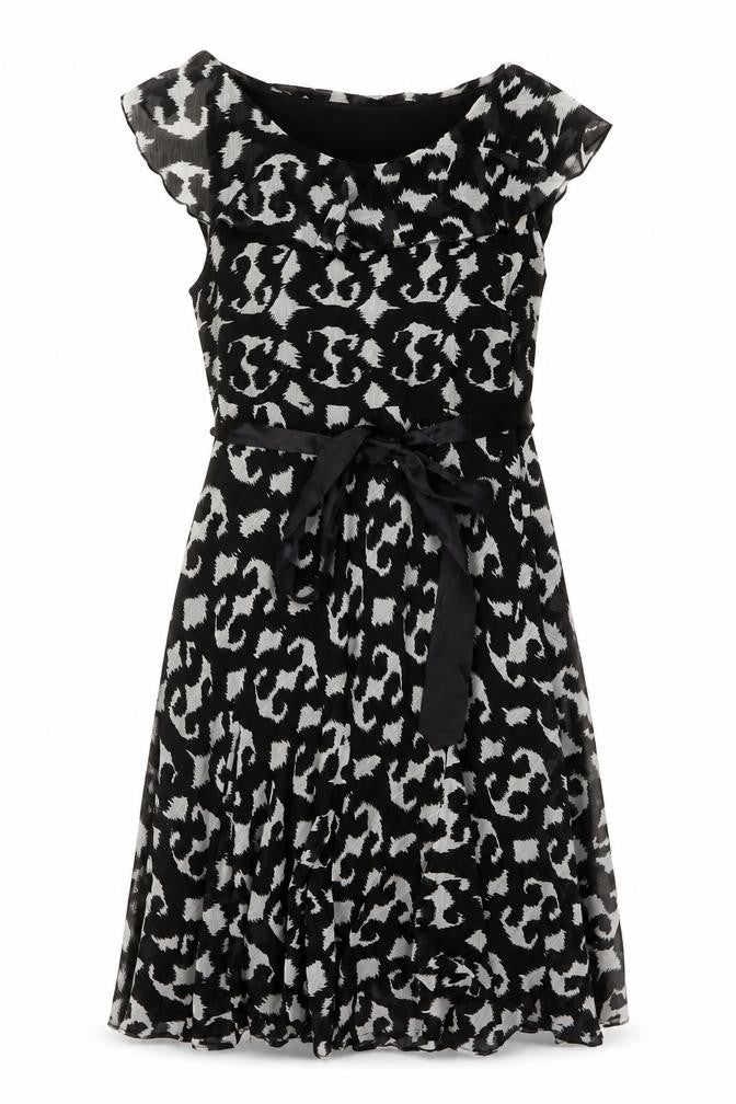 Klass Womens Black Geometric Polyester A-Line Size 14 Round Neck Pullover - Belted