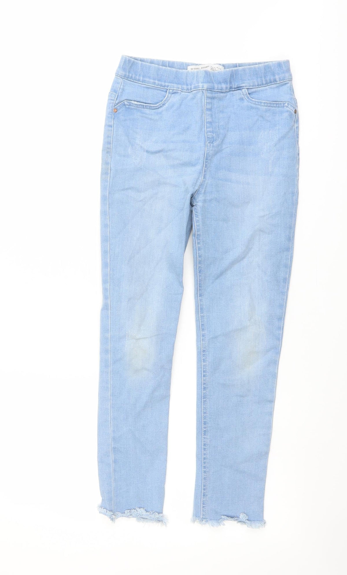 Additional front view of Denim & Co. girls’ blue cotton jegging jeans, size 10-11, years regular pullover - raw hem