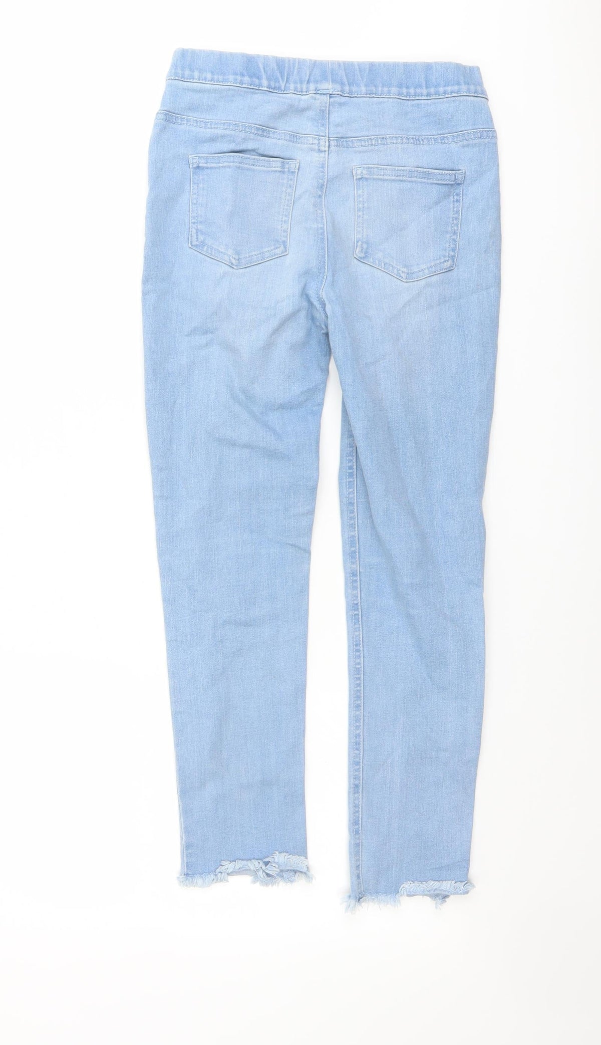 Back view of Denim & Co. girls’ blue cotton jegging jeans, size 10-11, years regular pullover - raw hem