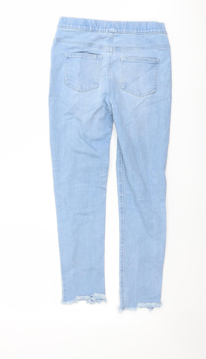Back view of Denim & Co. girls’ blue cotton jegging jeans, size 10-11, years regular pullover - raw hem