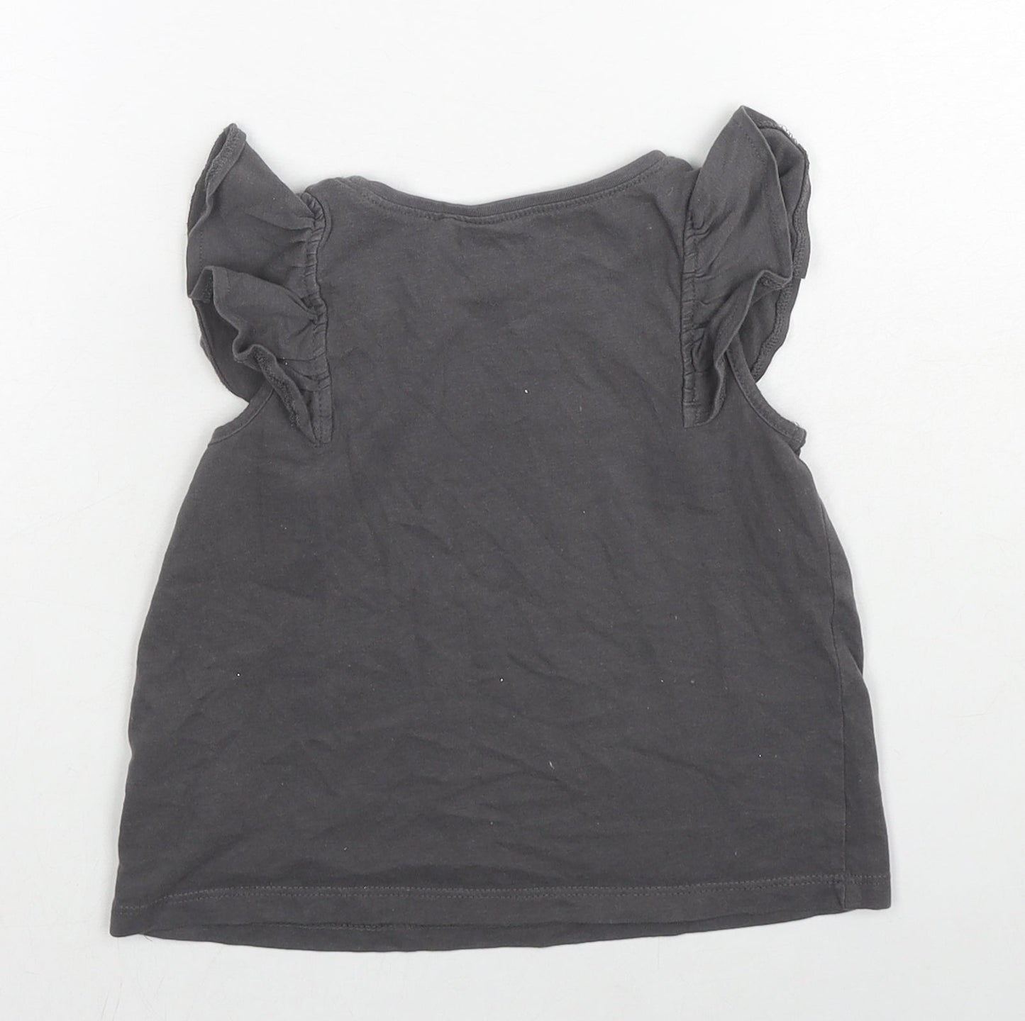 NEXT Girls Grey Cotton Basic T-Shirt Size 2-3 Years Round Neck Pullover - Ruffle Sleeve