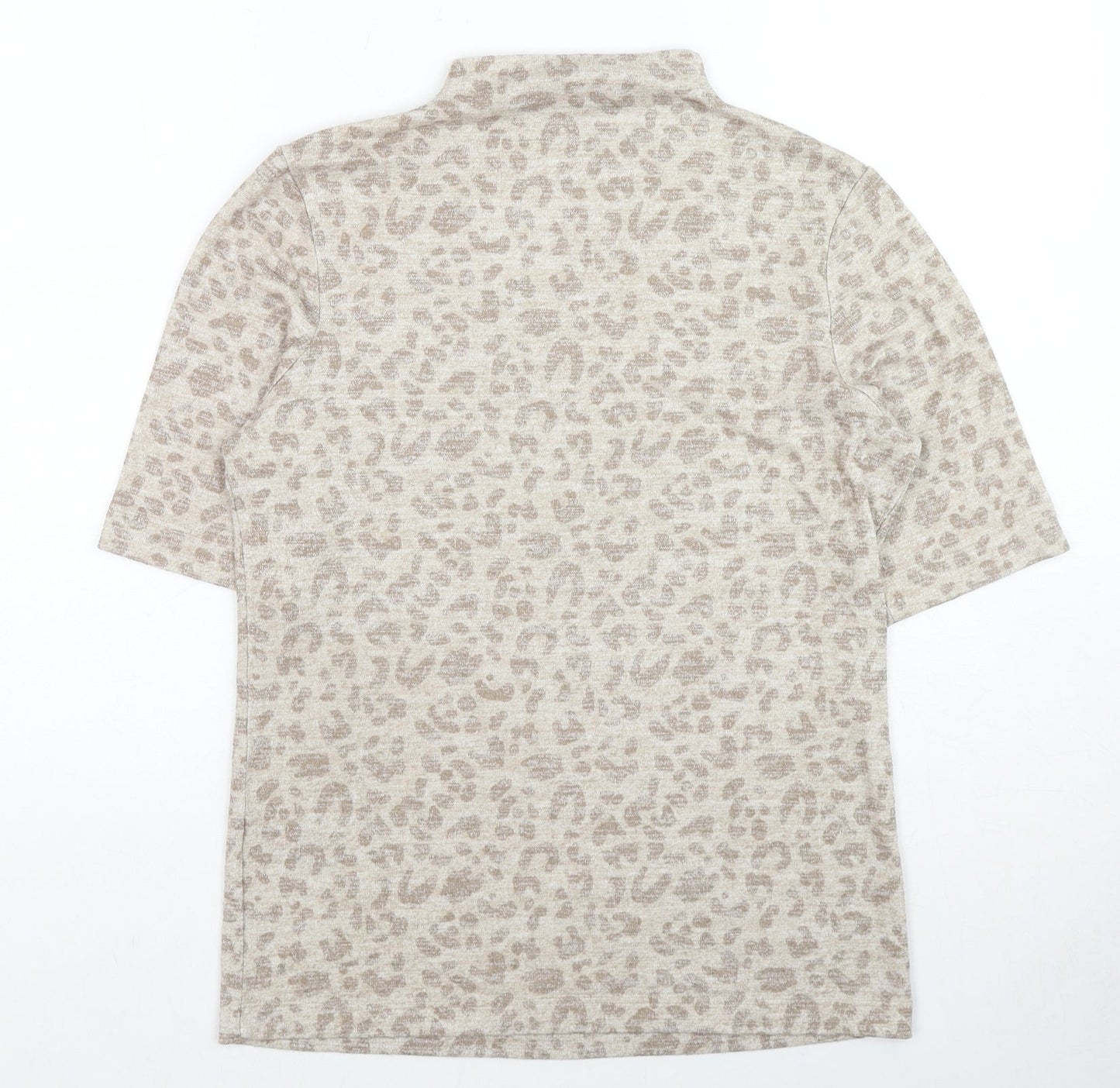 Marks and Spencer Womens Beige Animal Print Viscose Basic T-Shirt Size 12 Mock Neck - Leopard Print