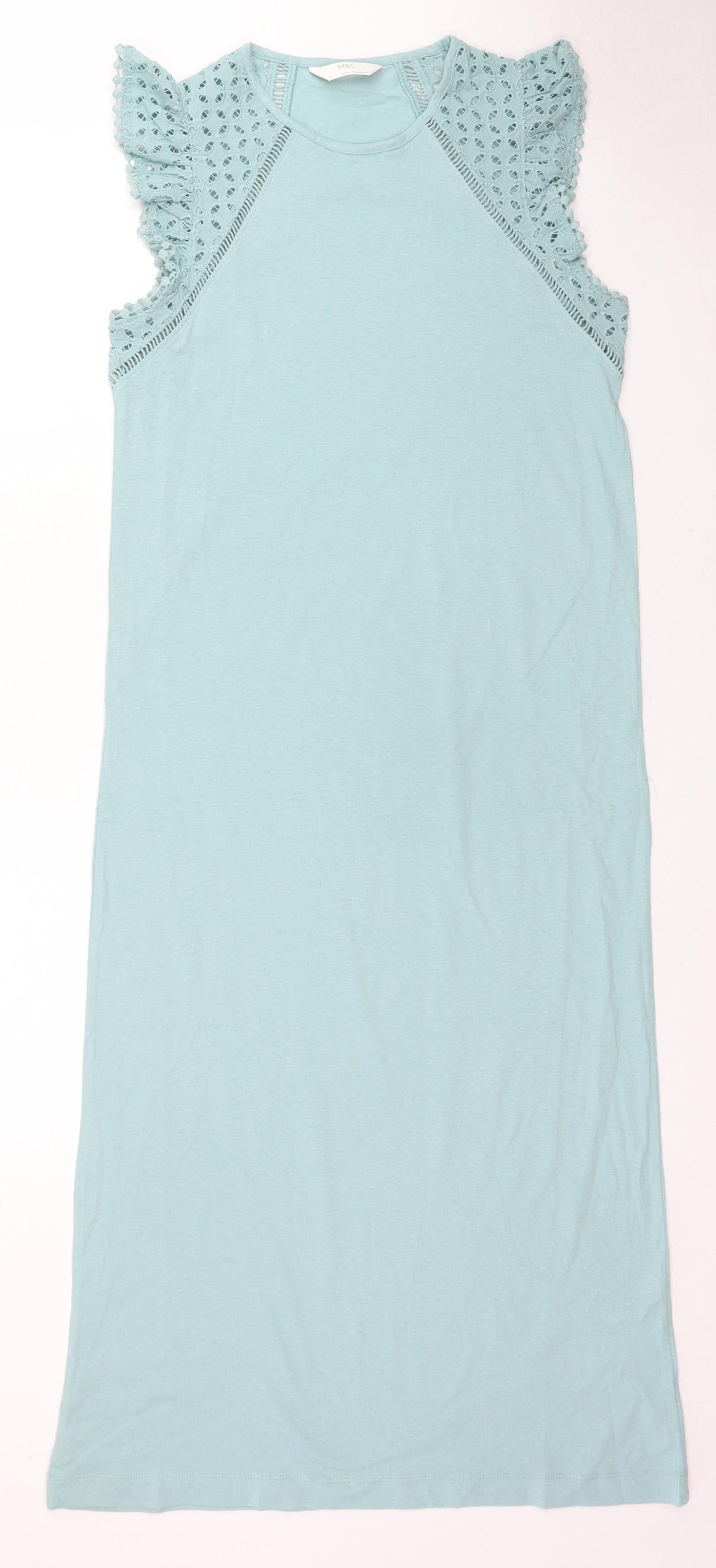 Marks and Spencer Womens Blue Cotton A-Line Size XS Round Neck Pullover - Broderie Anglaise Sleeve