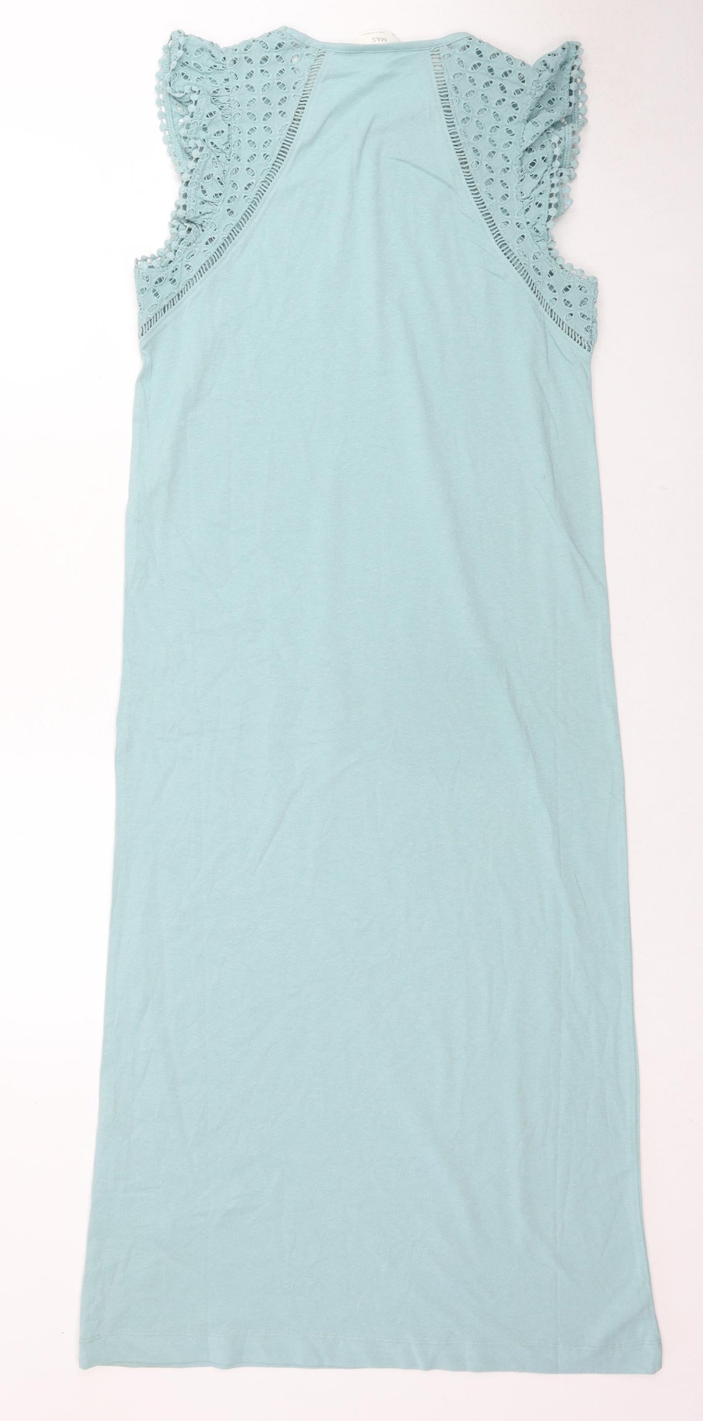 Marks and Spencer Womens Blue Cotton A-Line Size XS Round Neck Pullover - Broderie Anglaise Sleeve