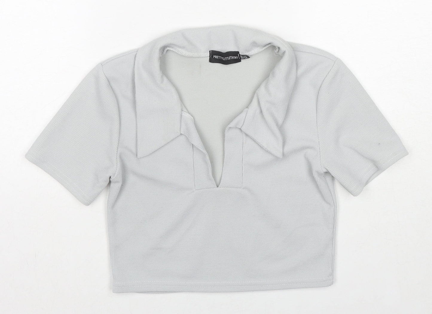PRETTYLITTLETHING Womens Grey Polyester Cropped Polo Size 12 Collared - Ribbed