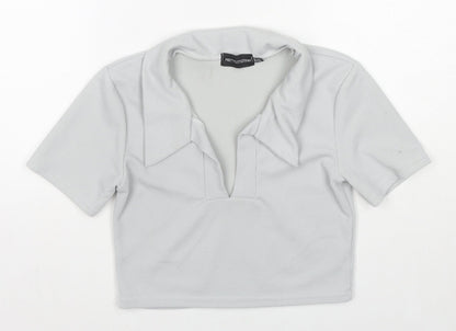 PRETTYLITTLETHING Womens Grey Polyester Cropped Polo Size 12 Collared - Ribbed