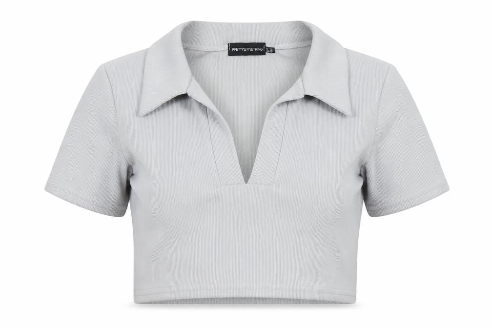 PRETTYLITTLETHING Womens Grey Polyester Cropped Polo Size 12 Collared - Ribbed