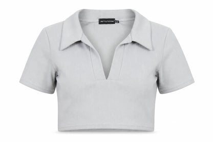 PRETTYLITTLETHING Womens Grey Polyester Cropped Polo Size 12 Collared - Ribbed
