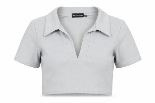 PRETTYLITTLETHING Womens Grey Polyester Cropped Polo Size 12 Collared - Ribbed