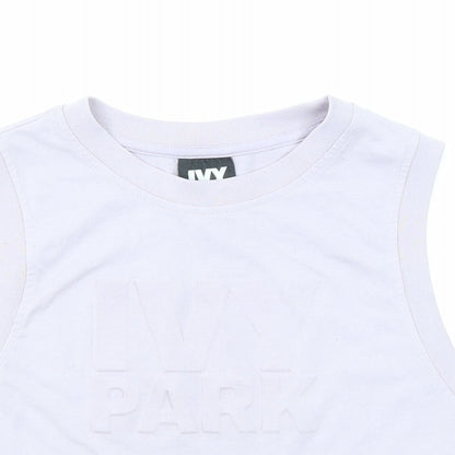 Close-up detail of IVY PARK women’s purple polyester basic tank, size XS, round neck