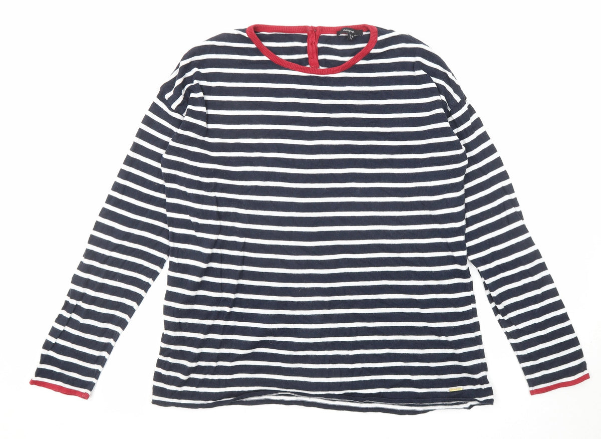 Additional front view of Autograph girls’ blue round neck striped cotton jumper, size 15-16, years button