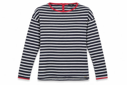 Front view of Autograph girls’ blue round neck striped cotton jumper, size 15-16, years button