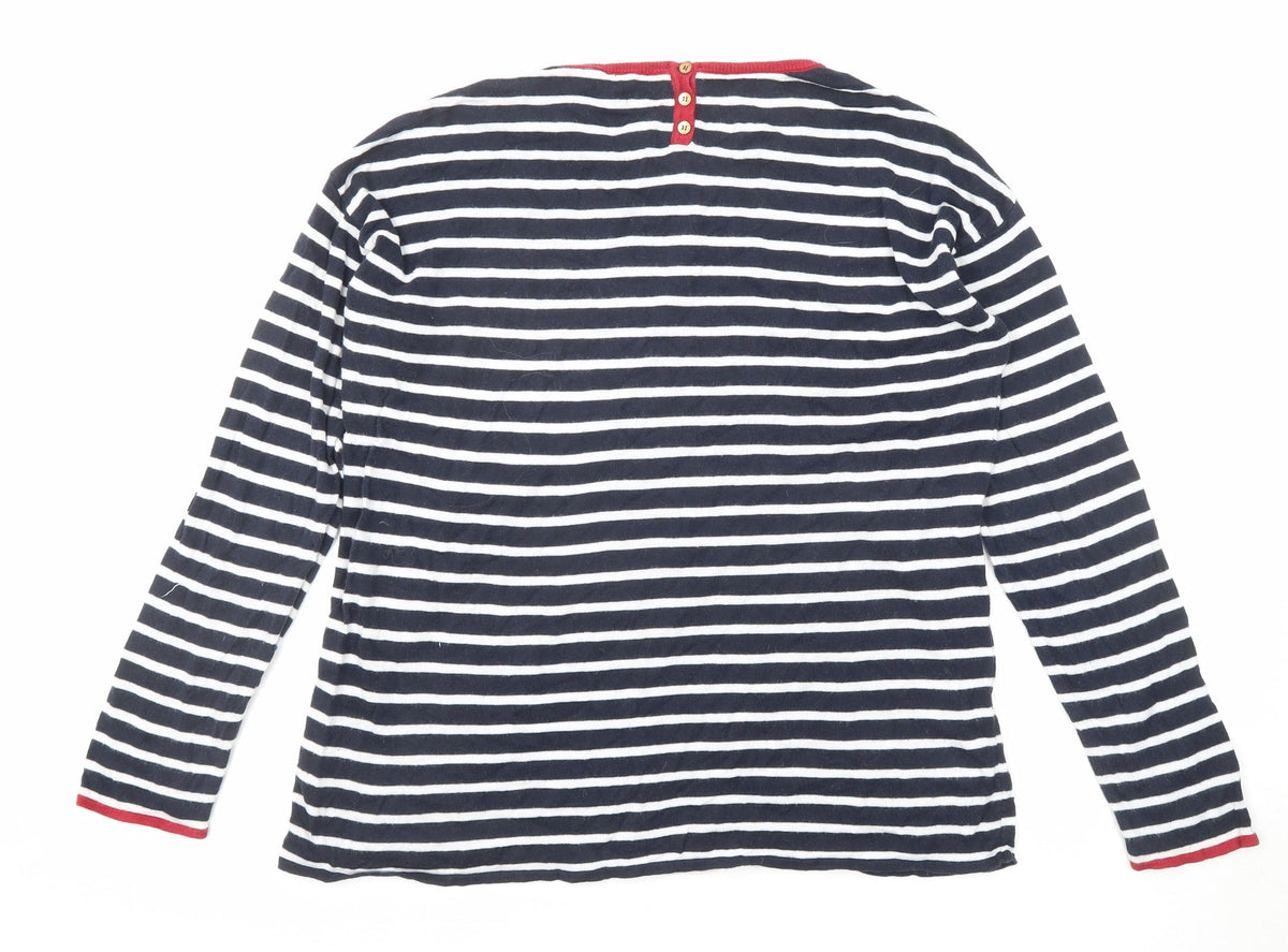 Back view of Autograph girls’ blue round neck striped cotton jumper, size 15-16, years button