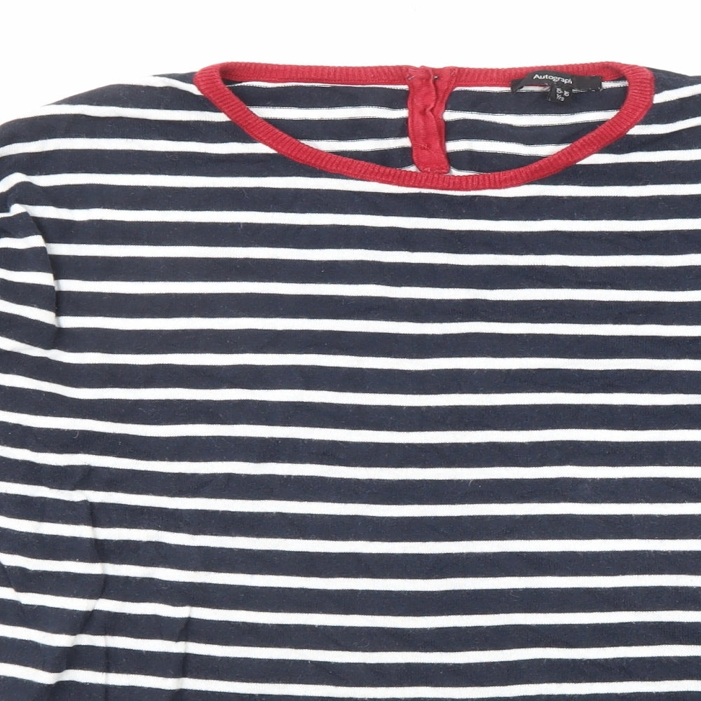 Close-up detail of Autograph girls’ blue round neck striped cotton jumper, size 15-16, years button