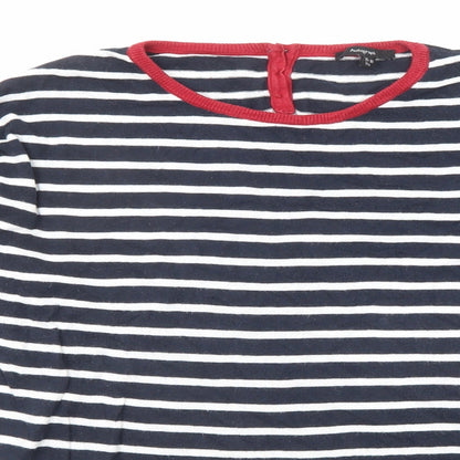 Close-up detail of Autograph girls’ blue round neck striped cotton jumper, size 15-16, years button