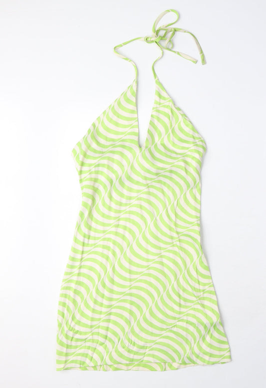 Zara Womens Green Geometric Viscose Bodycon Size XS Halter Zip