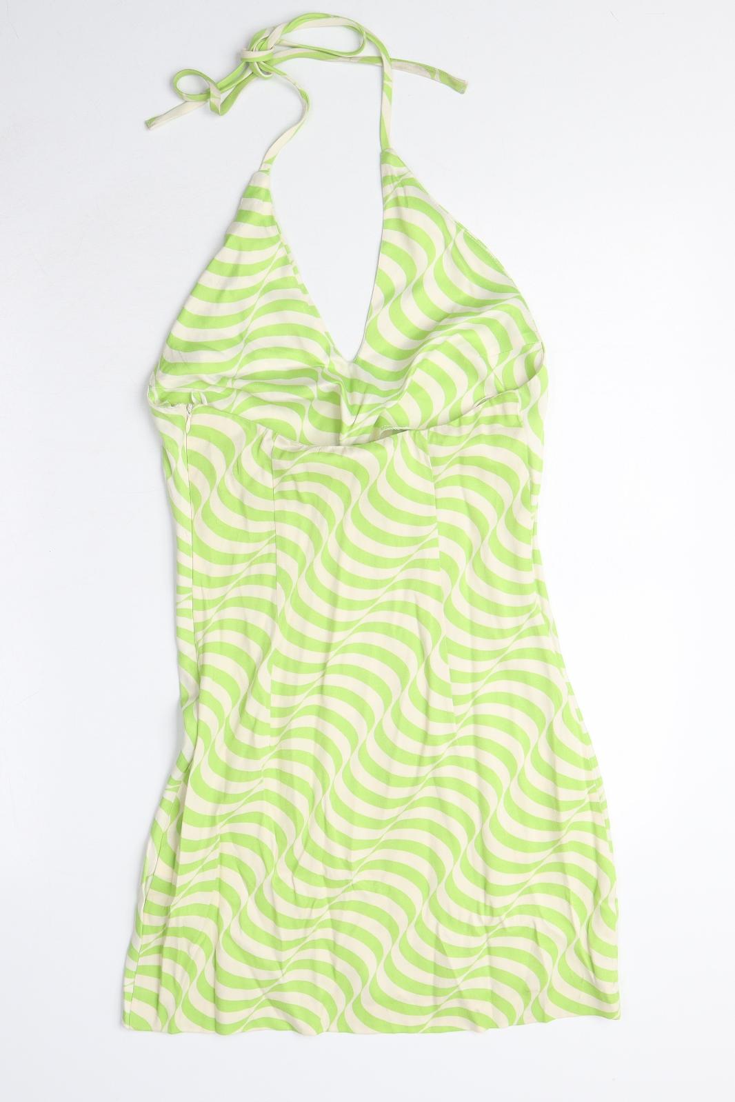 Zara Womens Green Geometric Viscose Bodycon Size XS Halter Zip