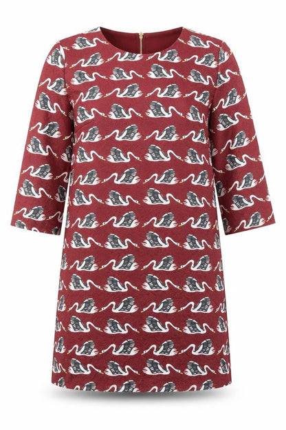 Jaune Rouge Womens Red Geometric Polyester A-Line Size M Round Neck Zip - Swan Pattern