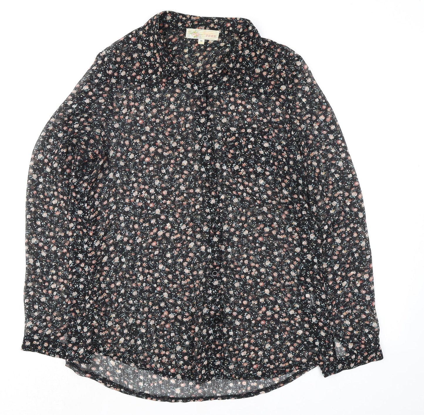 Cameo Rose Womens Black Floral Polyester Basic Button-Up Size 10 Collared