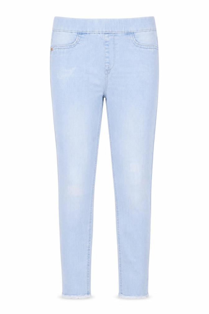 Front view of Denim & Co. girls’ blue cotton jegging jeans, size 9-10, years, 21.5-inch leg regular pullover - raw hem