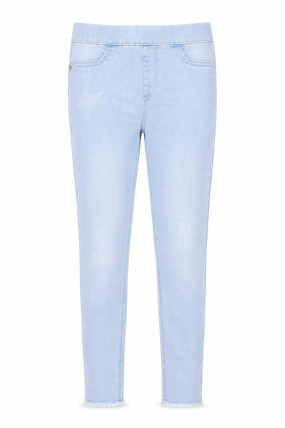 Front view of Denim & Co. girls’ blue cotton jegging jeans, size 9-10, years, 21.5-inch leg regular pullover - raw hem