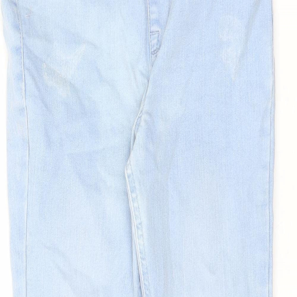 Close-up detail of Denim & Co. girls’ blue cotton jegging jeans, size 9-10, years, 21.5-inch leg regular pullover - raw hem