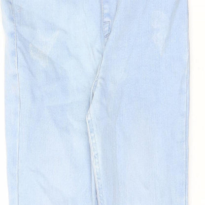 Close-up detail of Denim & Co. girls’ blue cotton jegging jeans, size 9-10, years, 21.5-inch leg regular pullover - raw hem