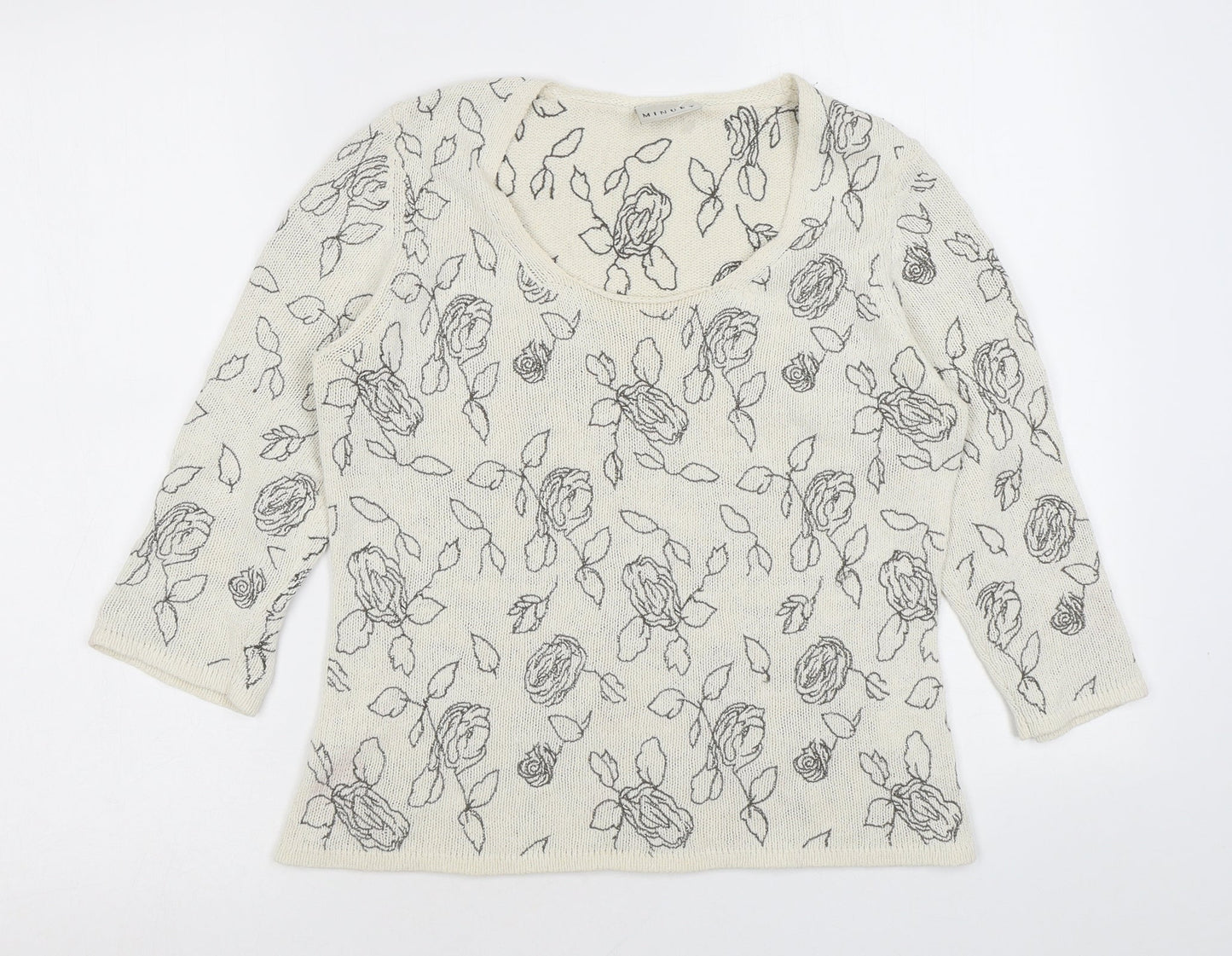 Minuet Womens Beige Scoop Neck Floral Silk Pullover Jumper Size 10