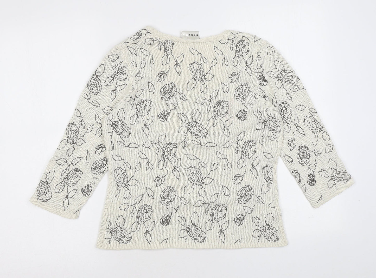 Minuet Womens Beige Scoop Neck Floral Silk Pullover Jumper Size 10