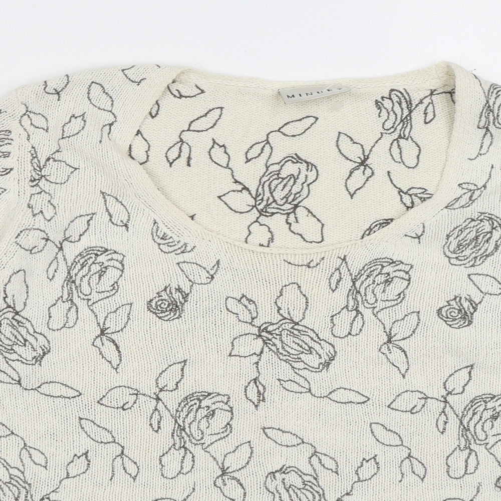 Minuet Womens Beige Scoop Neck Floral Silk Pullover Jumper Size 10