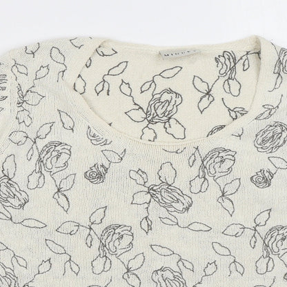 Minuet Womens Beige Scoop Neck Floral Silk Pullover Jumper Size 10