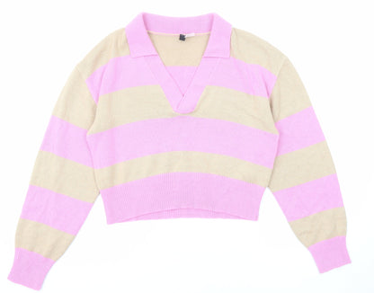 Divided by H&M Womens Pink Collared Striped Acrylic Pullover Jumper Size M