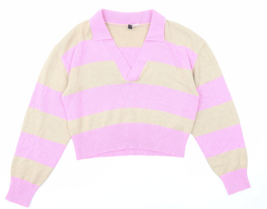 Divided by H&M Womens Pink Collared Striped Acrylic Pullover Jumper Size M