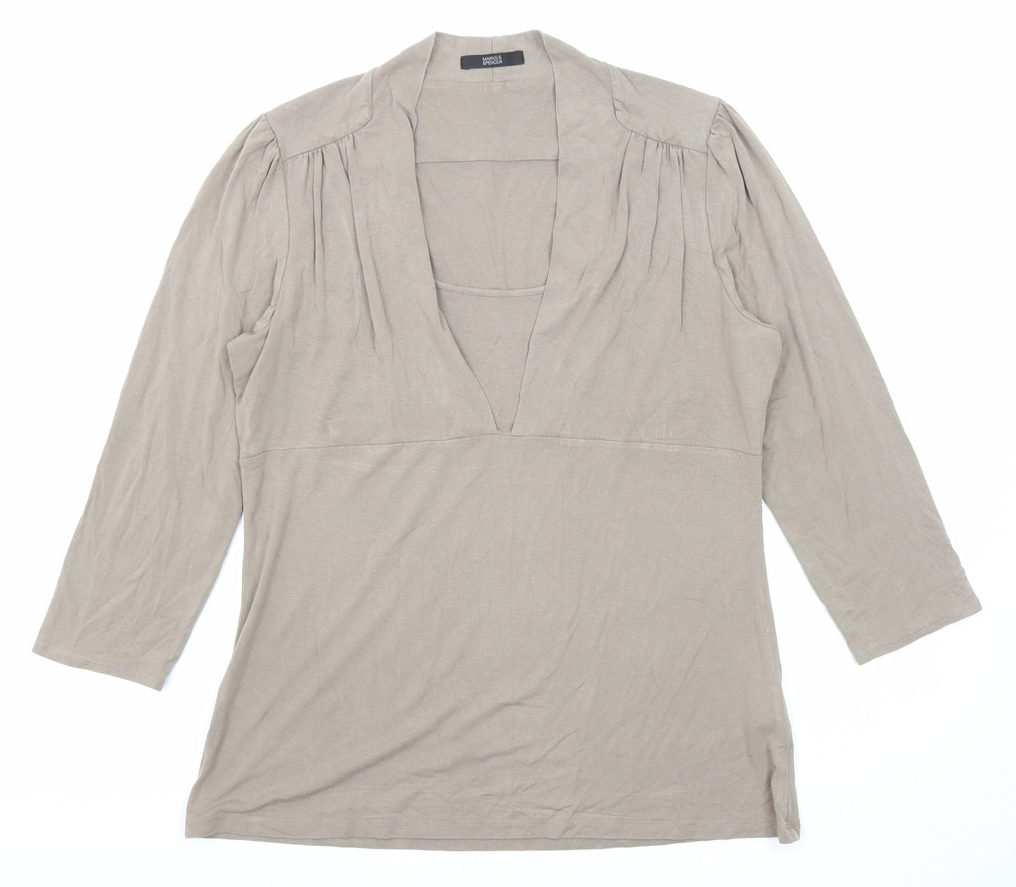 Marks and Spencer Womens Brown Viscose Basic Blouse Size 14 V-Neck