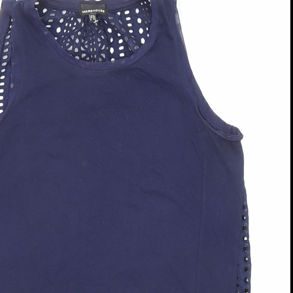 Warehouse Womens Blue Herringbone Cotton Basic Tank Size 8 Round Neck