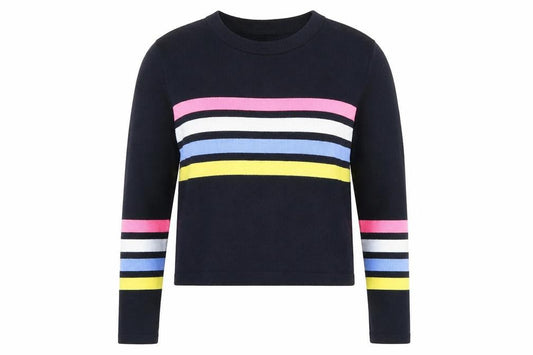 Front view of ASOS women’s blue round neck striped acrylic jumper, size UK 10