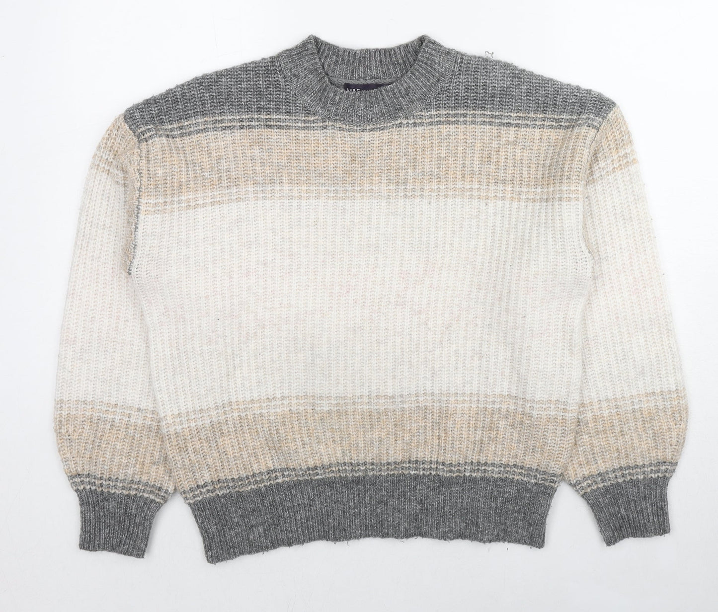 Marks and Spencer Womens Beige Round Neck Striped Polyester Pullover Jumper Size M