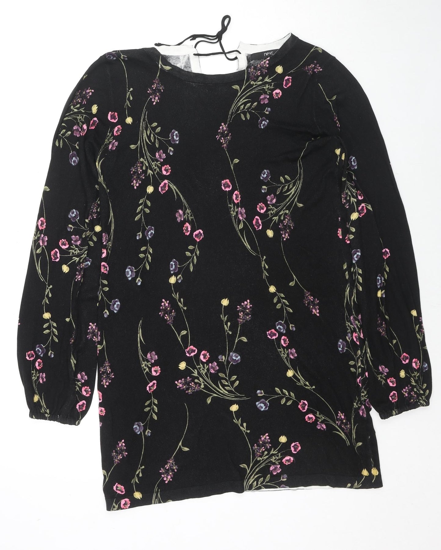 NEXT Womens Black Round Neck Floral Viscose Pullover Jumper Size 10 - Back Tie Closure