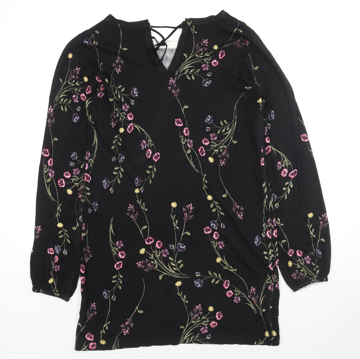 NEXT Womens Black Round Neck Floral Viscose Pullover Jumper Size 10 - Back Tie Closure