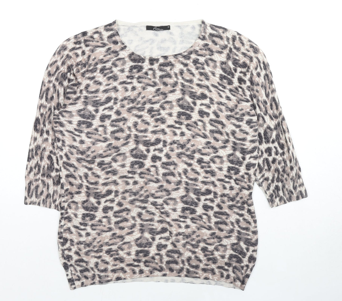 Bonmarché Womens Beige Round Neck Animal Print Polyester Pullover Jumper Size M - Leopard Print