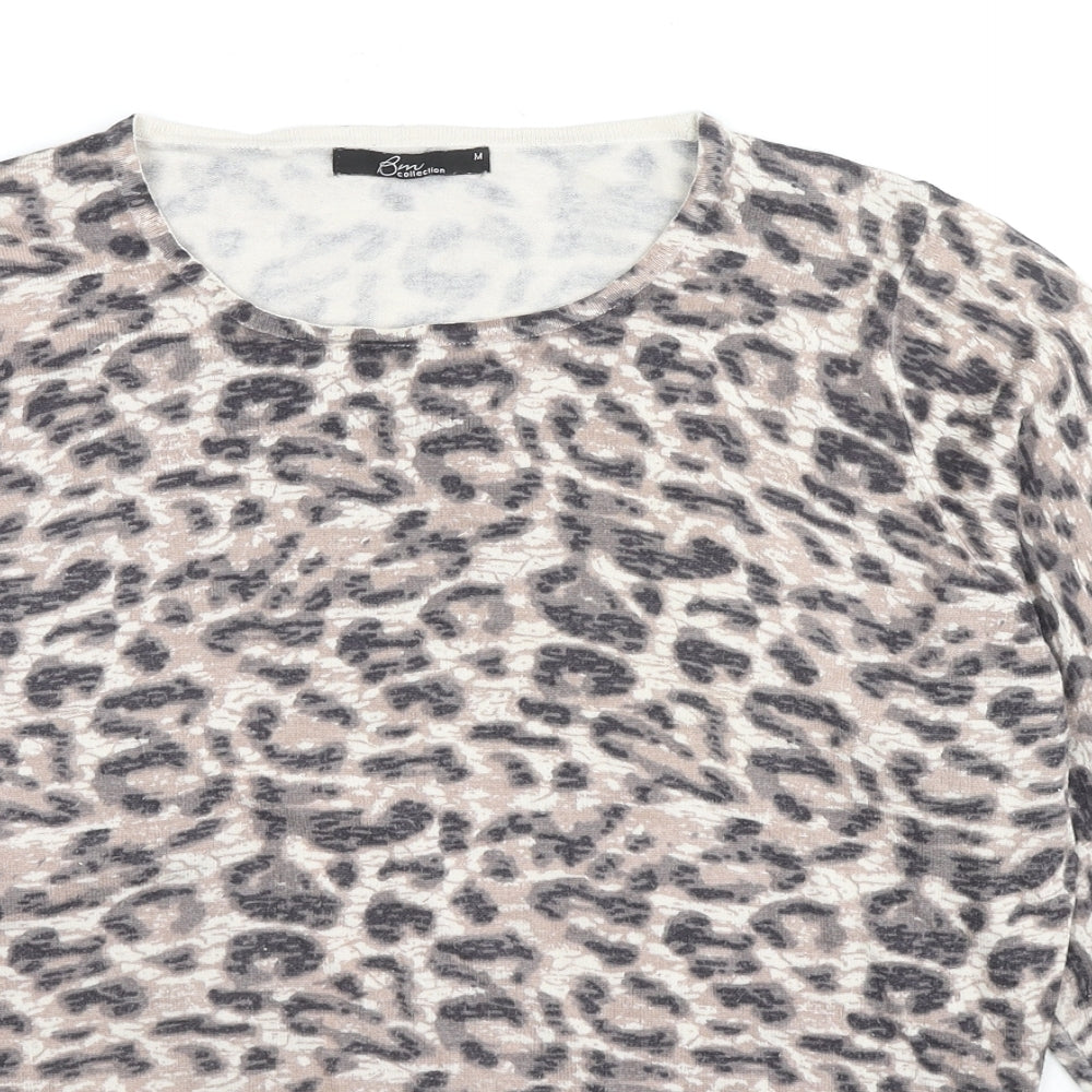Bonmarché Womens Beige Round Neck Animal Print Polyester Pullover Jumper Size M - Leopard Print