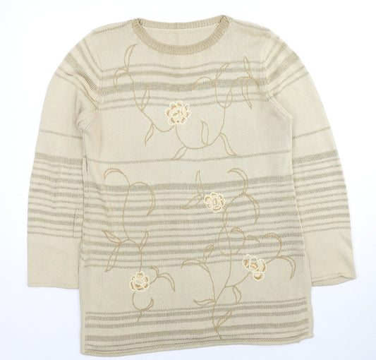St Michael Womens Beige Round Neck Striped Cotton Pullover Jumper Size 14 - Floral