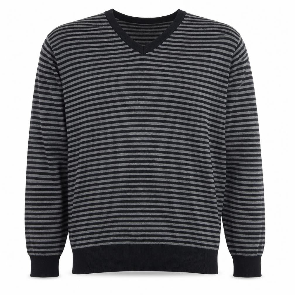Marks & Spencer Mens Black V-Neck Striped Cotton Pullover Jumper Size XL Long Sleeve