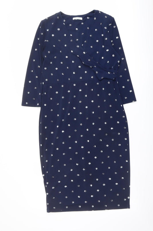 Classic Womens Blue Geometric Polyester Pencil Dress Size 12 V-Neck Pullover