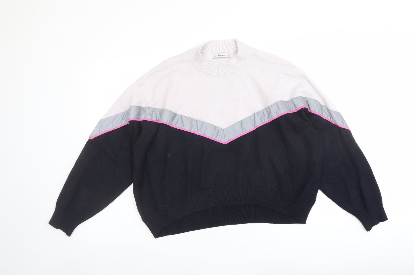 Zara Womens Blue Mock Neck Acrylic Pullover Jumper Size S - Colour Block Reflective Stripe