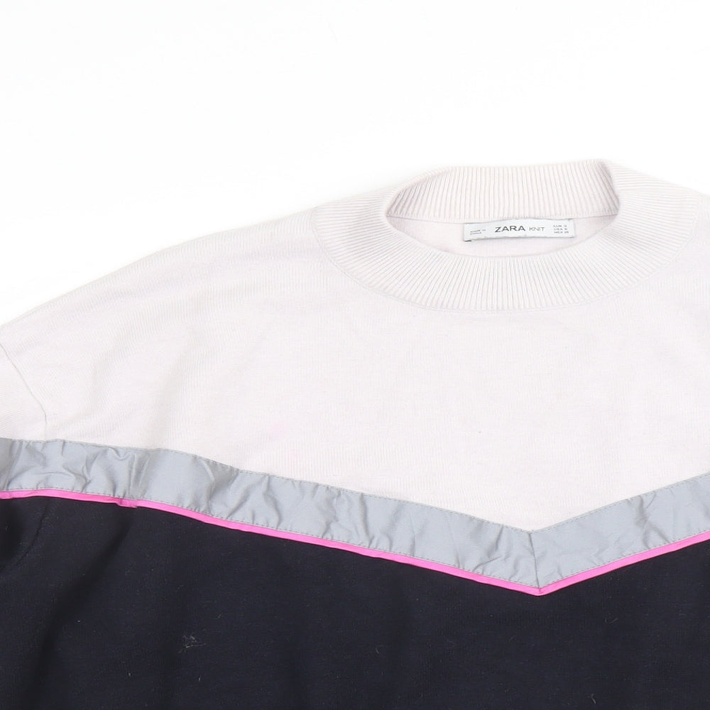 Zara Womens Blue Mock Neck Acrylic Pullover Jumper Size S - Colour Block Reflective Stripe