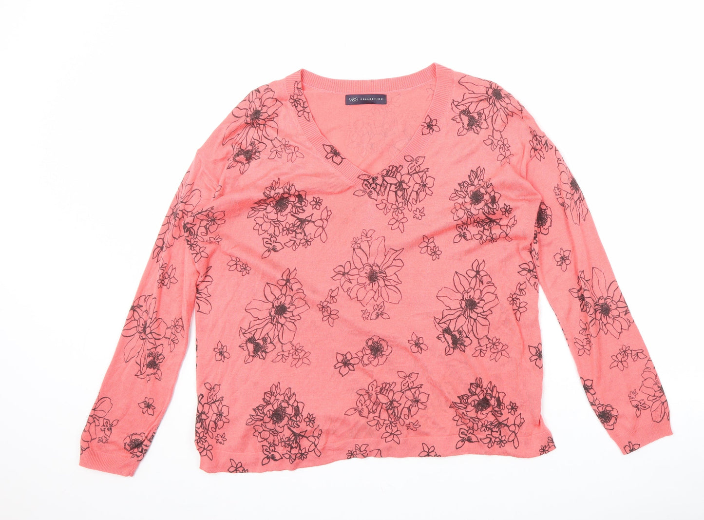 Marks and Spencer Womens Pink V-Neck Floral Acrylic Pullover Jumper Size M